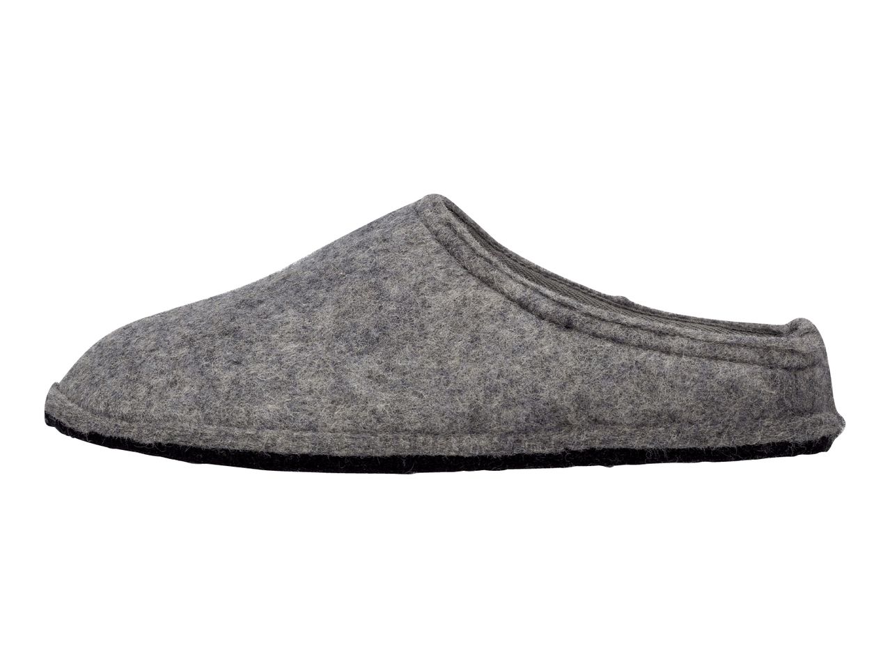 A single gray felt slipper with a black sole, viewed from the side.