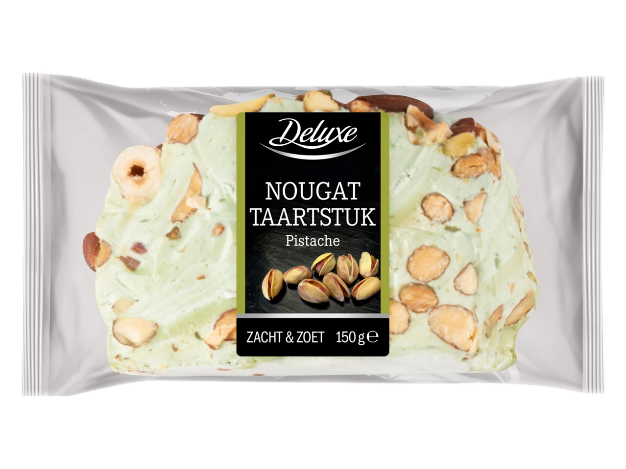 Deluxe Nougat Taartstuk Pistache, een lichtgroene noga reep met noten in een doorzichtige verpakking.