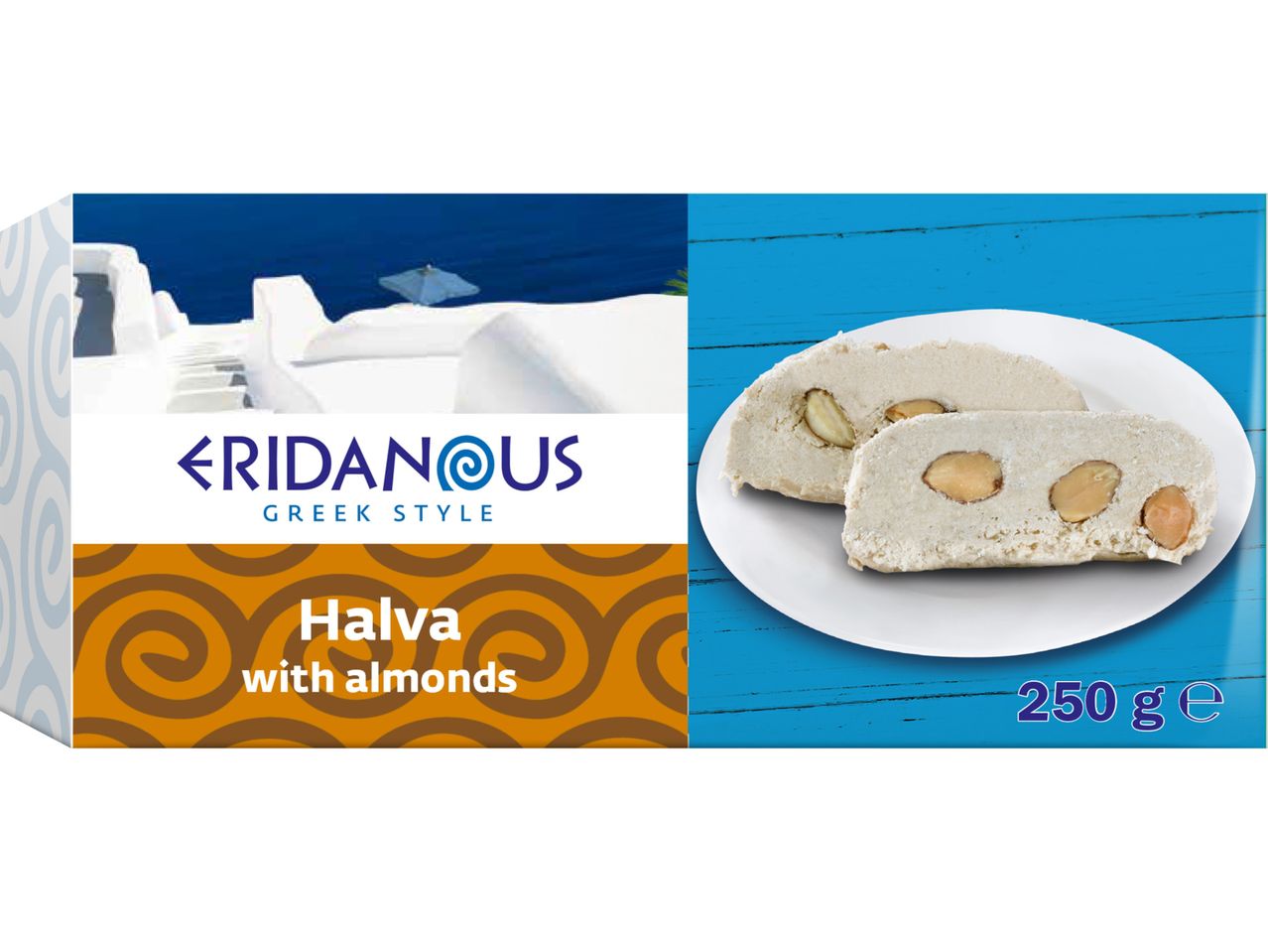 Eridanous гръцка халва с бадеми, 250 г, на фона на гръцки пейзаж.