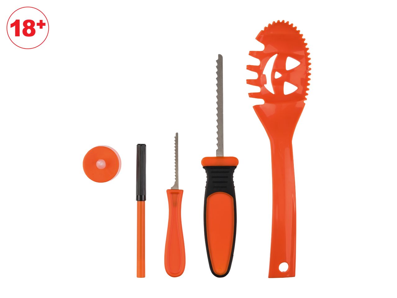 A set of orange pumpkin carving tools, including saws, a scoop, and a marker.