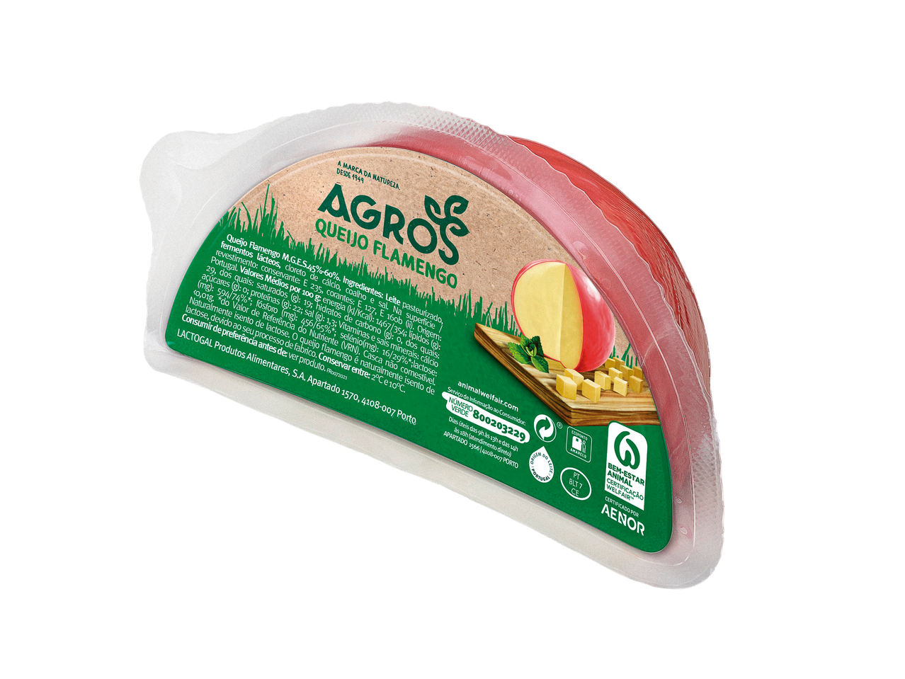 Queijo flamengo em embalagem transparente com rótulo de papel, exibindo informações nutricionais e selos de certificação.