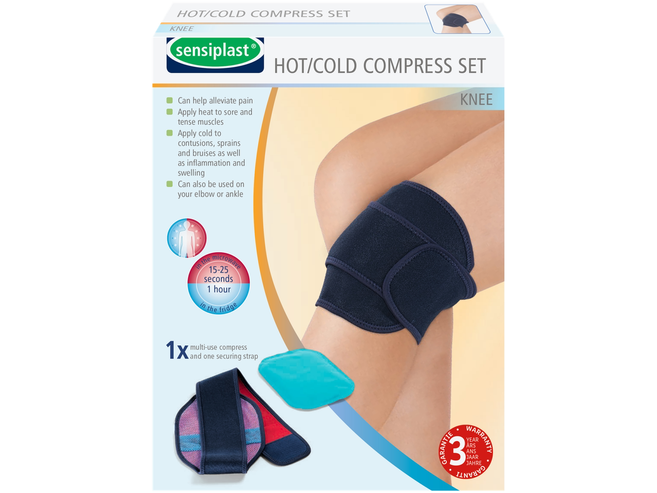 Sensiplast hot/cold compress set for knee: multi-use compress and strap.
