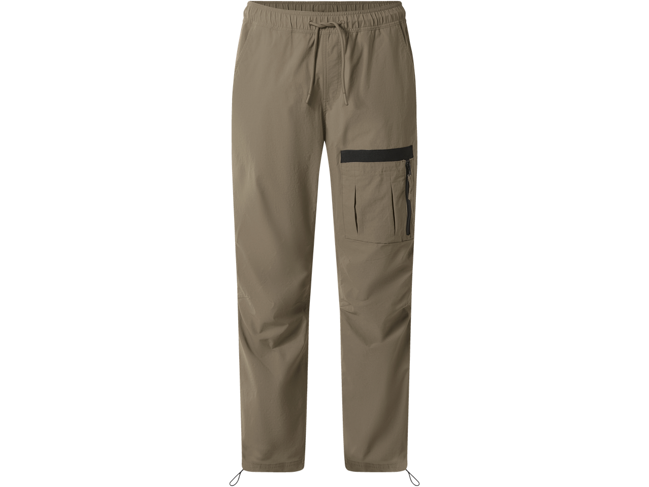 Calças cargo cáqui com cintura elástica e bolso lateral com zíper.