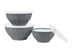 Three grey mixing bowls with white lids, one open with a white interior.