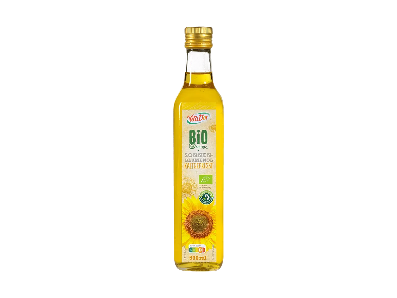Flasche Bio-Sonnenblumenöl kaltgepresst mit 500 ml Inhalt und Nutri-Score A.
