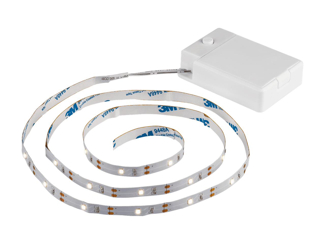 Bande LED 3M avec lumières allumées et boîtier de batterie blanc.