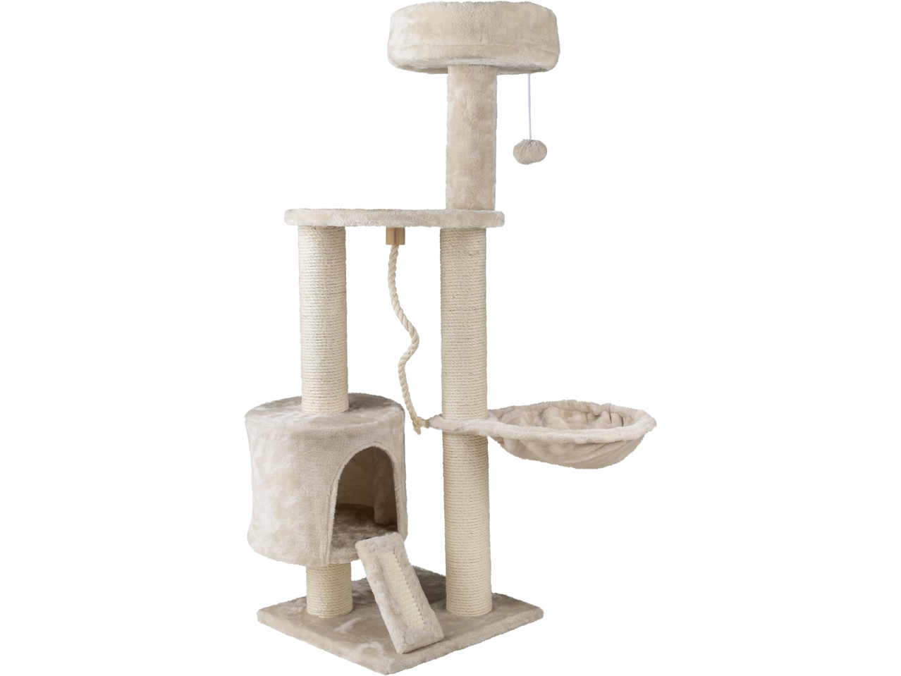 Smėlio spalvos daugiaaukštis kačių draskyklė su draskymo stulpais, kačių nameliu, hamaku ir žaisliniu kamuoliuku.