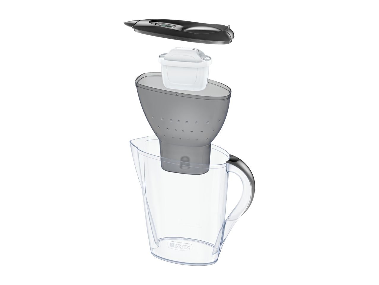 Exploded view of a water filter jug, showing the lid, filter, funnel, and clear pitcher.