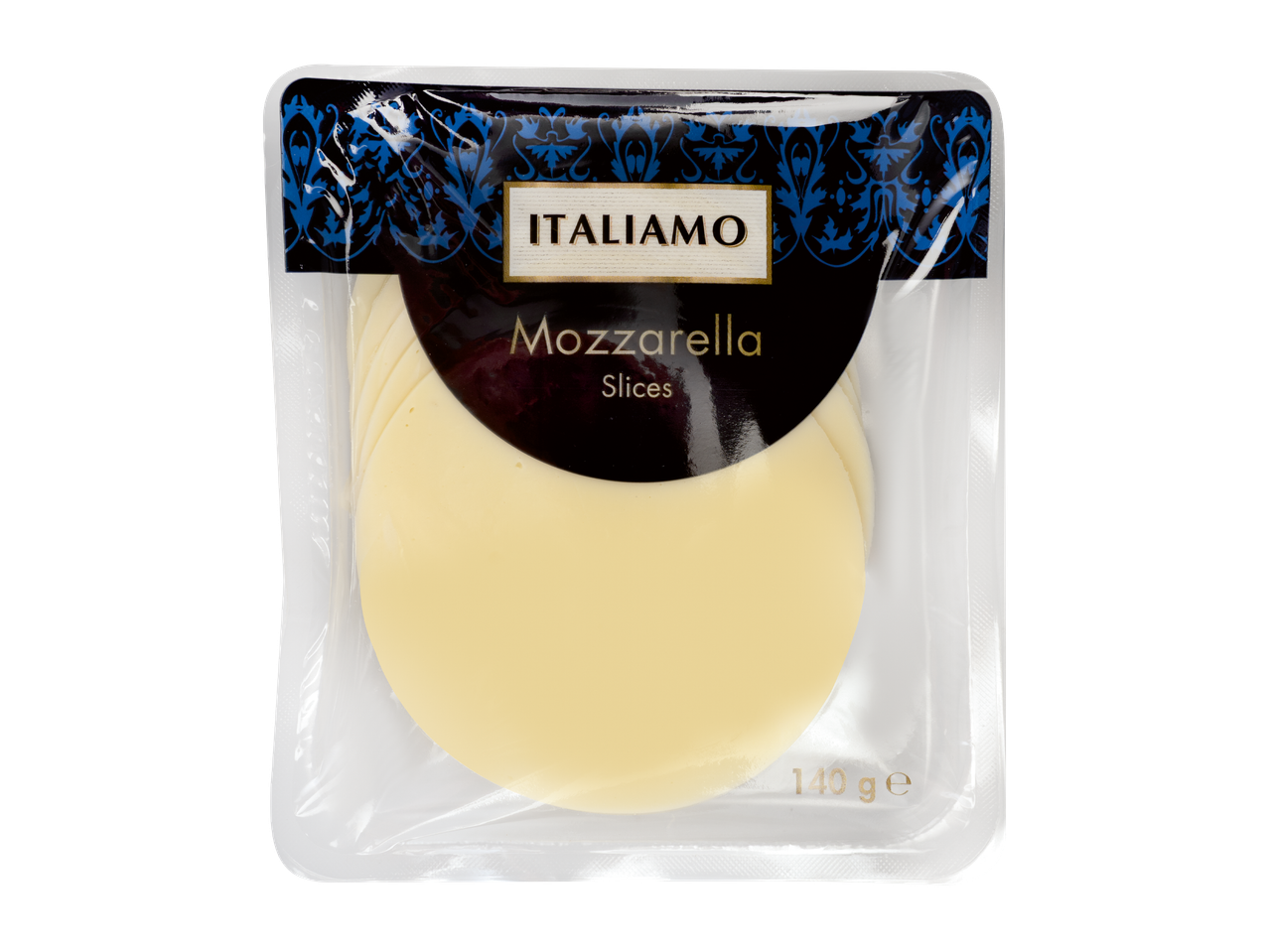 Ambalaj cu felii de mozzarella, cu etichetă neagră și albastră, cu textul 'Mozzarella Slices' și '140 ge'