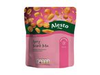 Spicy snack mix with peanuts, coated peanuts, and crispy snacks in a pink pouch.
