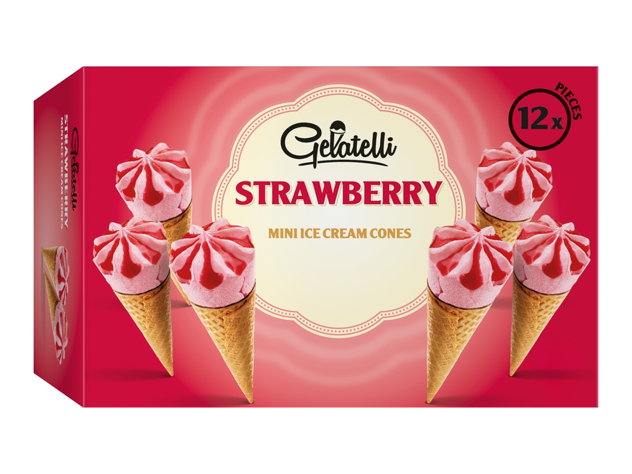 Boîte de 12 mini cornets de glace à la fraise, avec des glaces individuelles visibles.