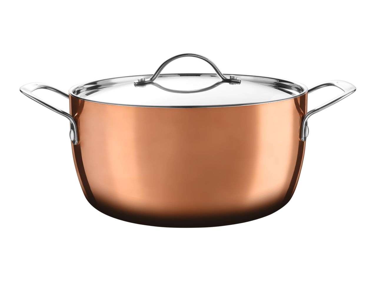 Copper-colored cooking pot with a glass lid and stainless steel handles