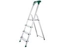 A four-step aluminum stepladder with a green handgrip.