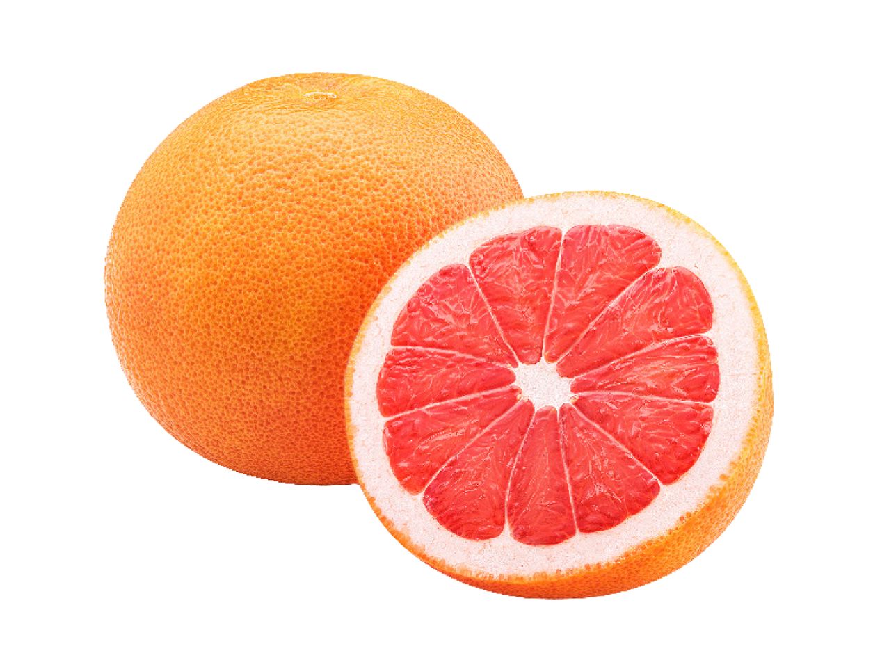 A whole grapefruit and a grapefruit half showing its red flesh.