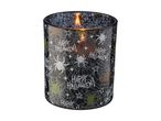 Halloween-themed candle in a glass jar with spiderweb and spider designs, and 'Happy Halloween!' text.