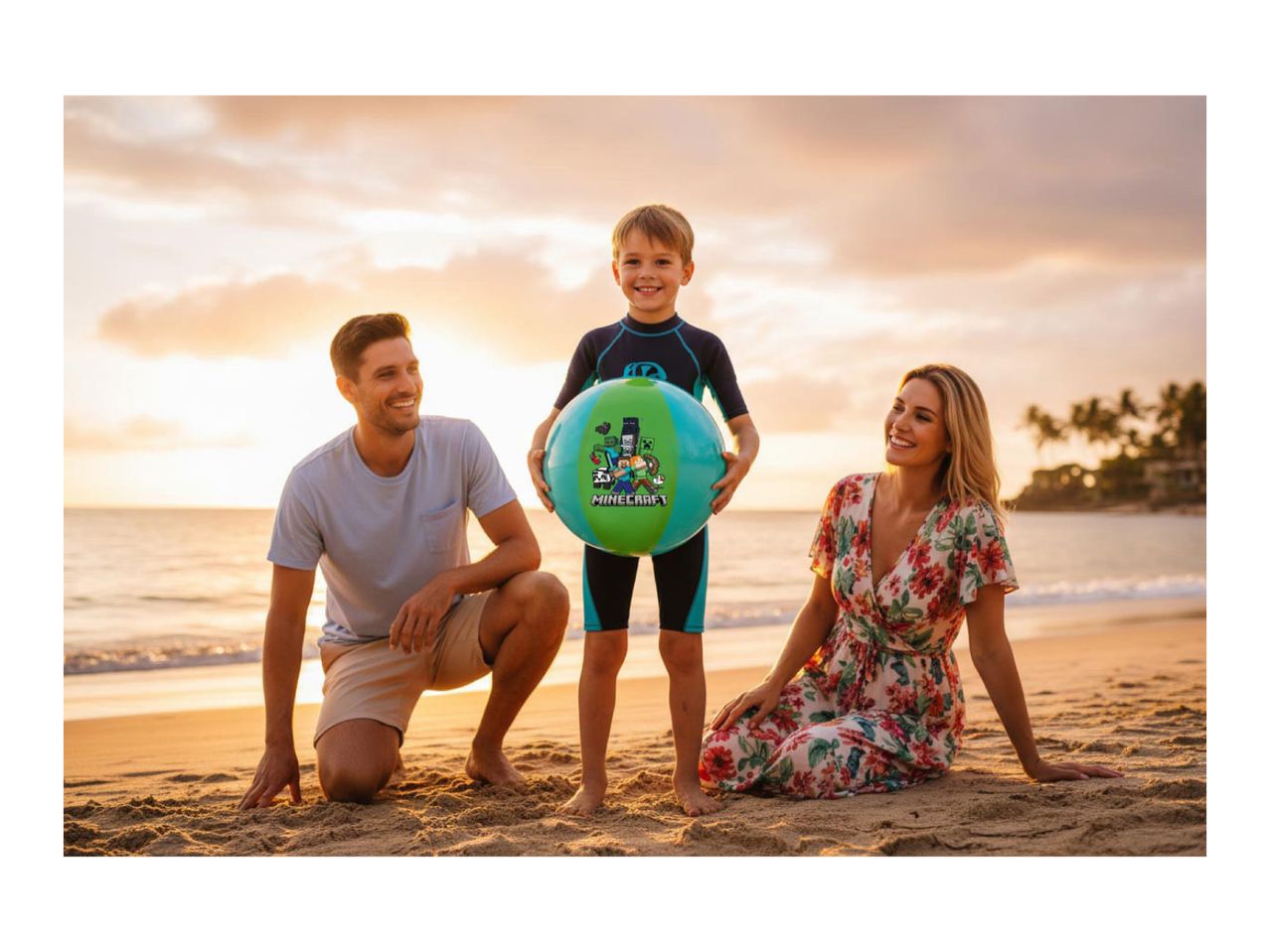Family on a beach at sunset with a boy holding a green beach ball featuring game characters.