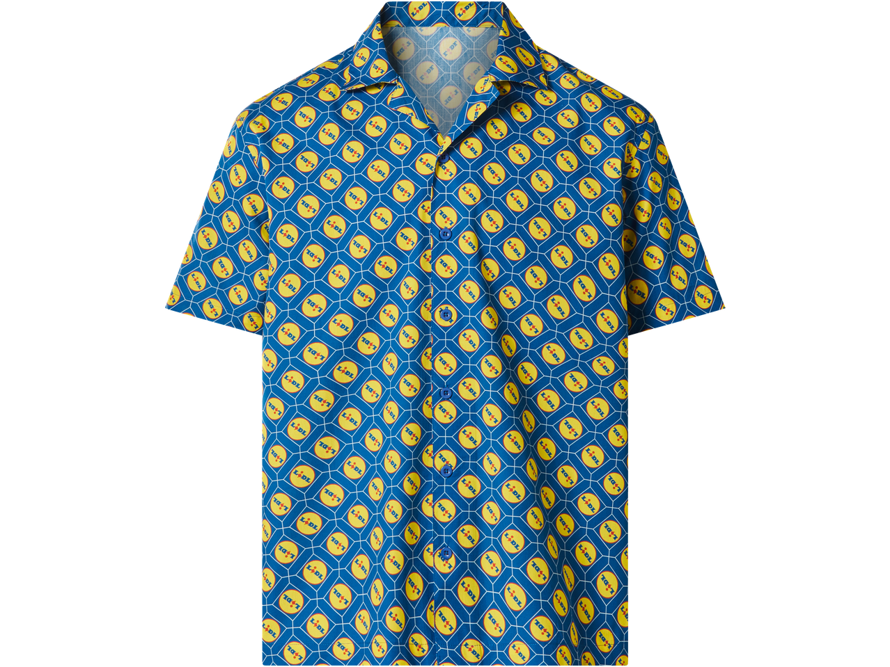 Blue short-sleeved button-up shirt with a yellow and red geometric pattern.