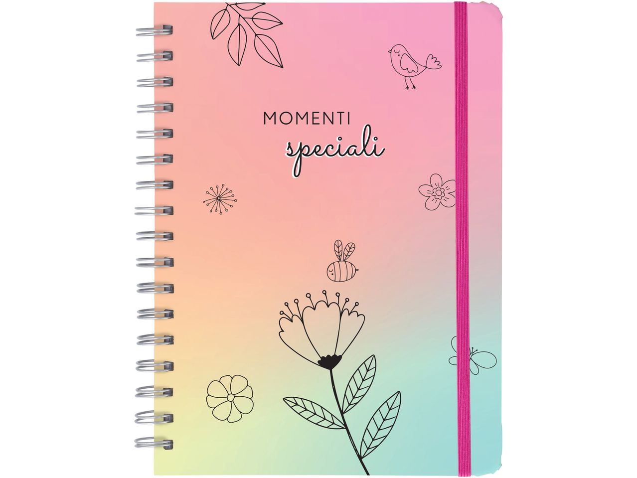 Agenda con copertina sfumata rosa e azzurra, decorata con disegni di fiori e insetti.