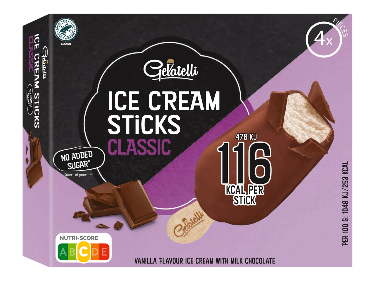 Gelatelli Classic vanília ízű tejcsokoládés jégkrém pálcikák (4 db).