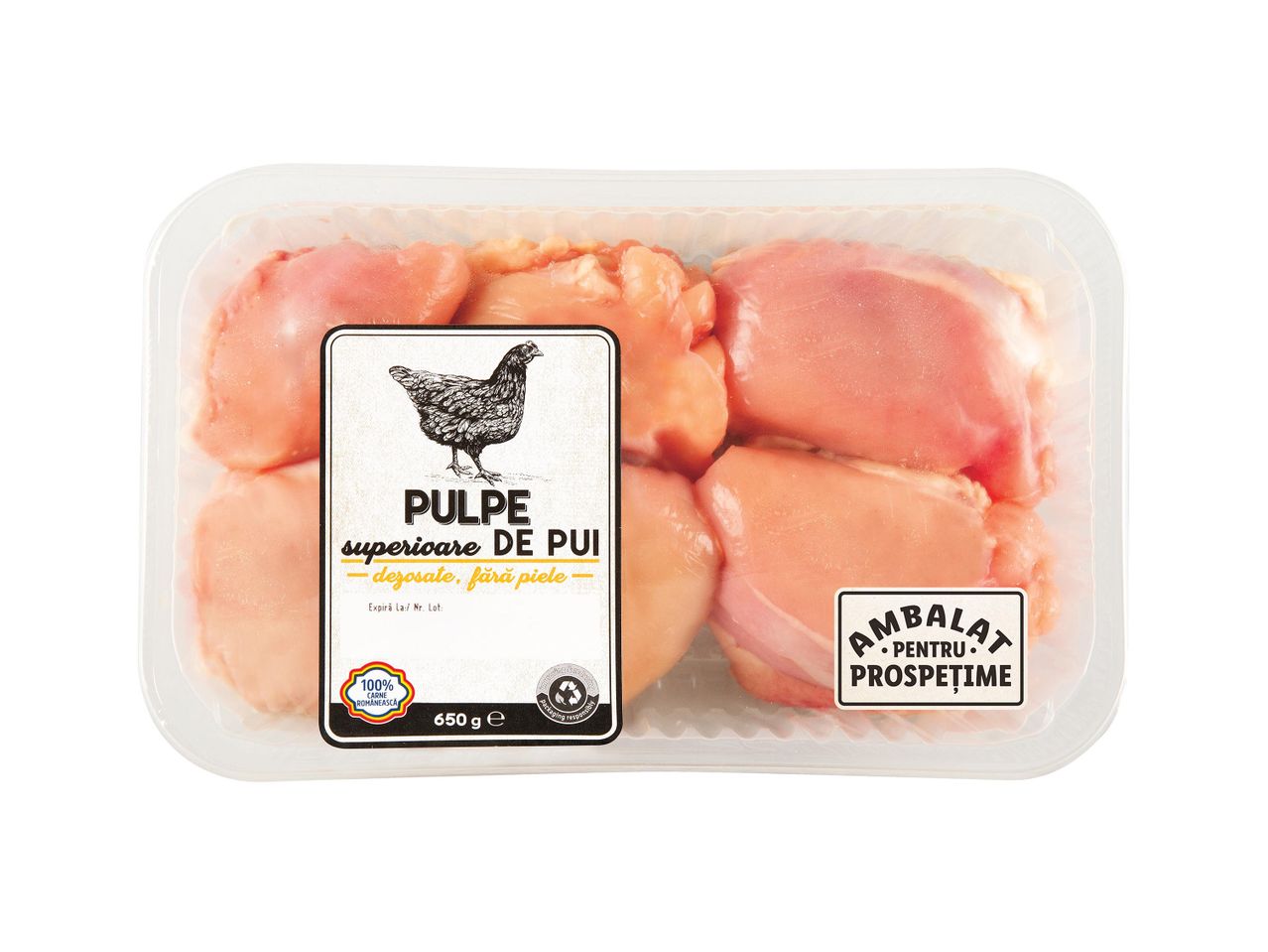 Pulpe de pui superioare, dezosate, fără piele, 650g.