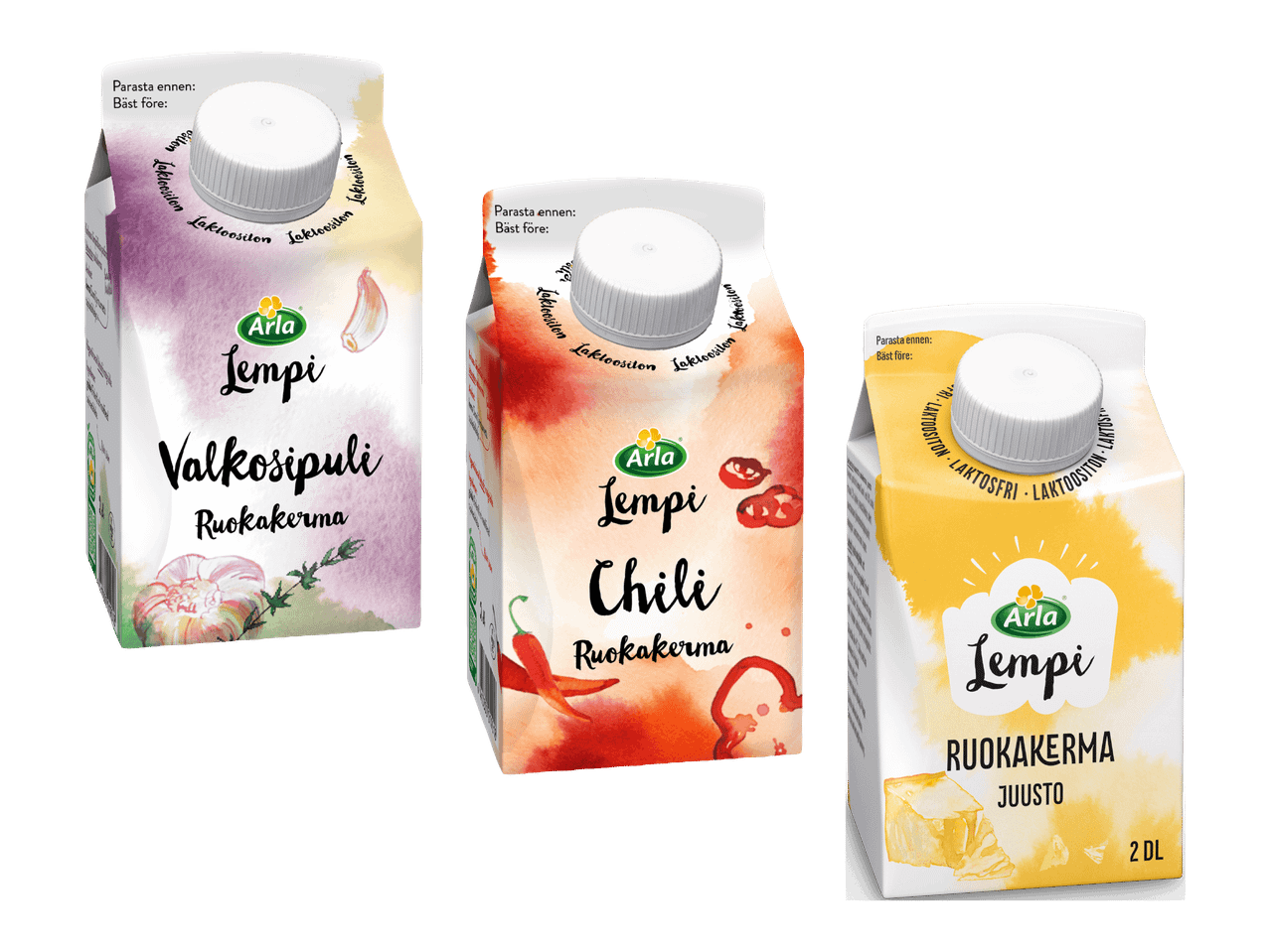Kolme Arla Lempi -ruokakermapakkausta: valkosipuli, chili ja juusto.