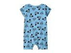 Blue baby romper with short sleeves and an all-over print of Mickey Mouse and Pluto faces.