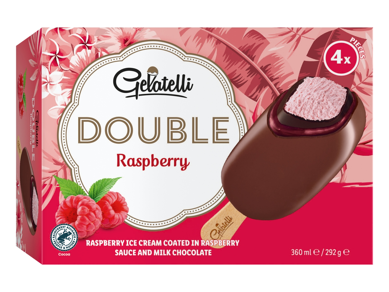Gelatelli Double Raspberry: frambozenijs in chocolade (4 stuks)