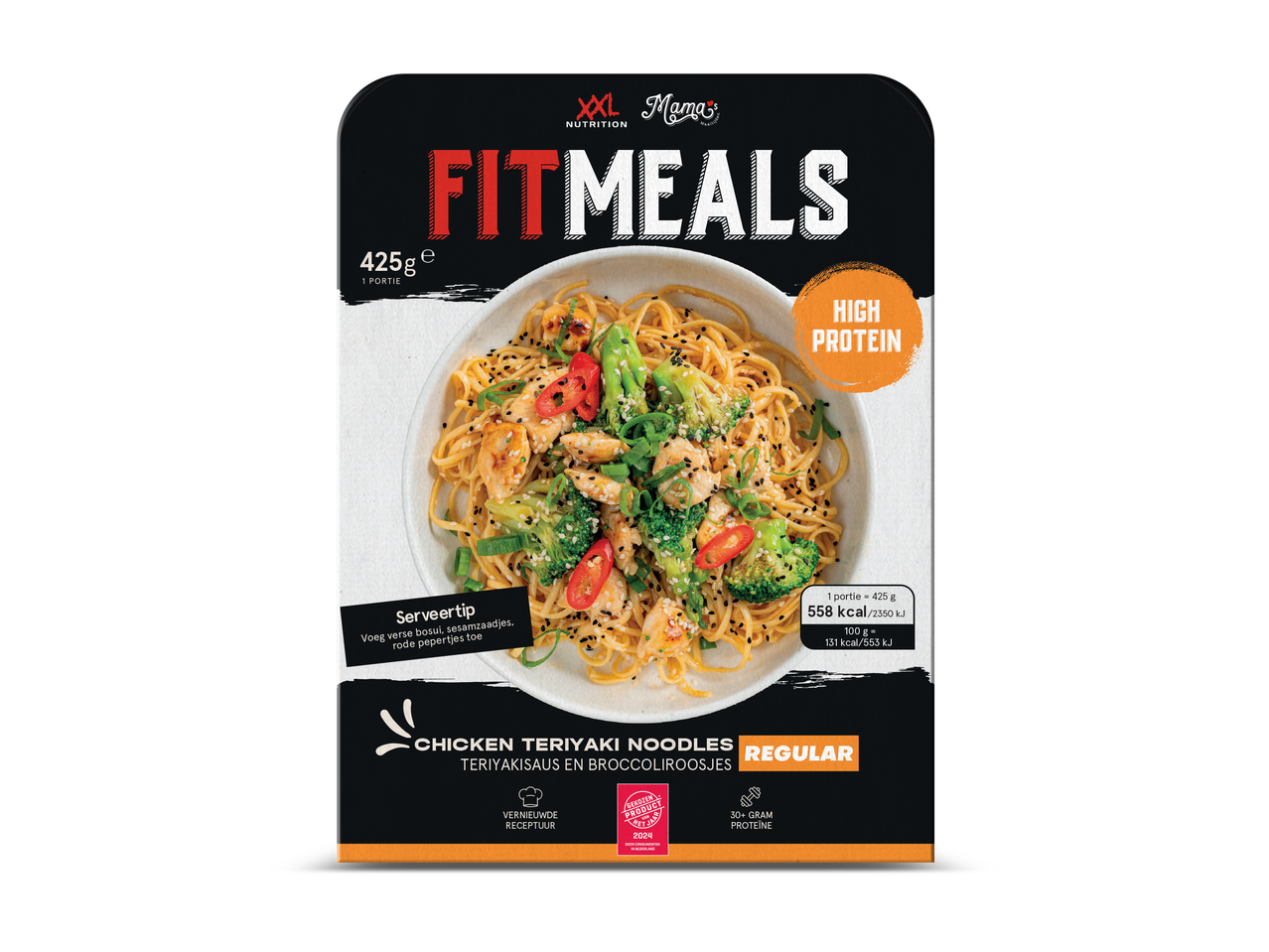 XXL Nutrition Fitmeals: Kip Teriyaki Noodles met broccoli, 425g, 558 kcal, hoog in proteïne.