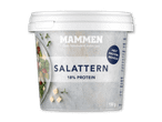 Hvid beholder med salattern, 18% protein, og et billede af en salat.