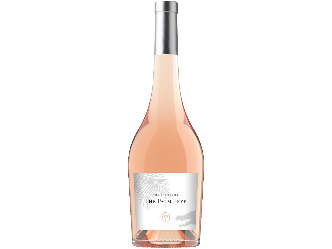 The Palm Tree French Rosé wine bottle with a white label featuring a palm leaf and a crocodile shadow.