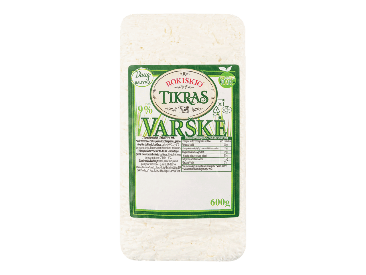Pusriebė varškė su 9% riebalų, supakuota 600 g pakuotėje, su maistine informacija.
