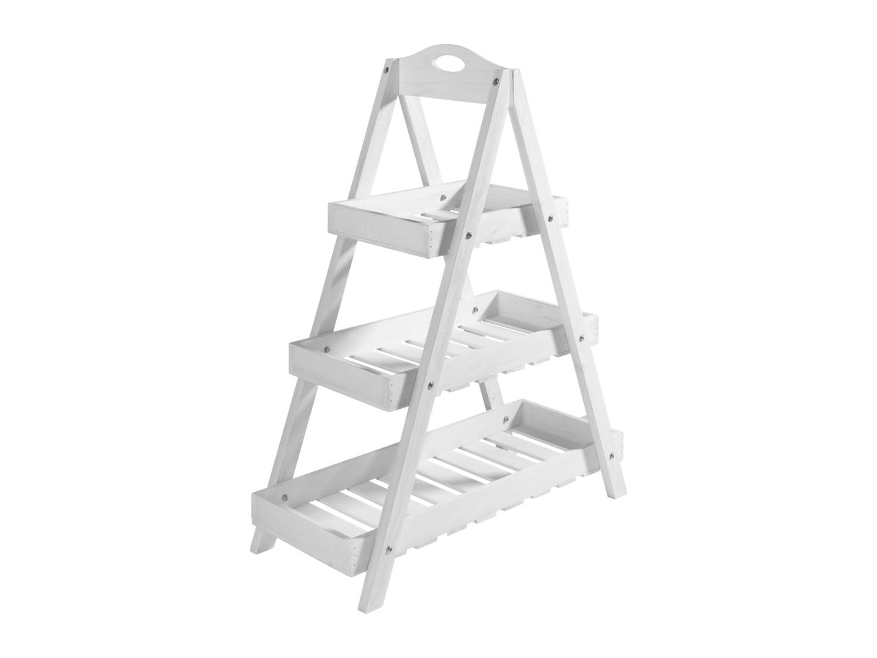 White wooden 3-tier plant stand with slatted shelves