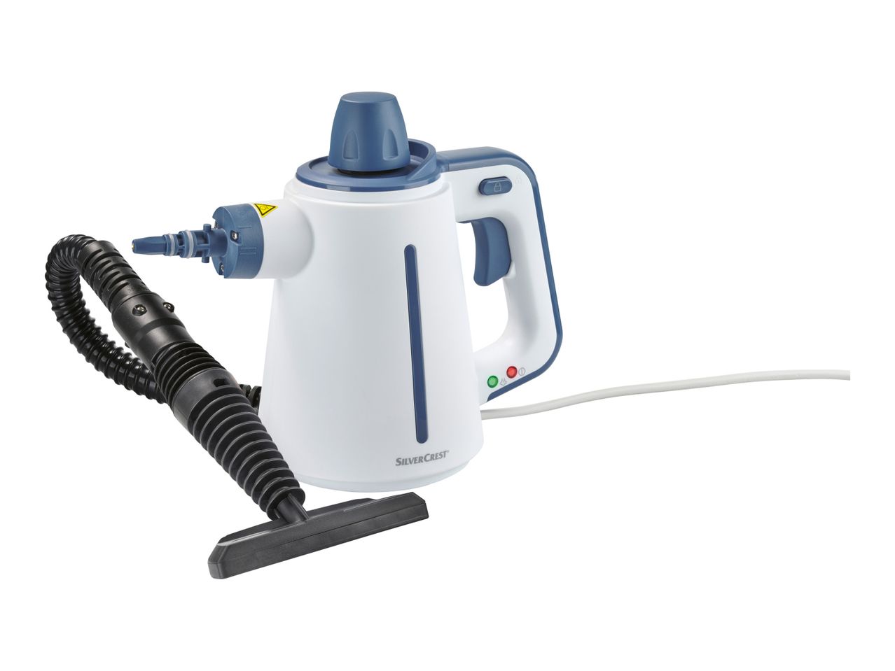 A handheld steam cleaner with various attachments for cleaning.