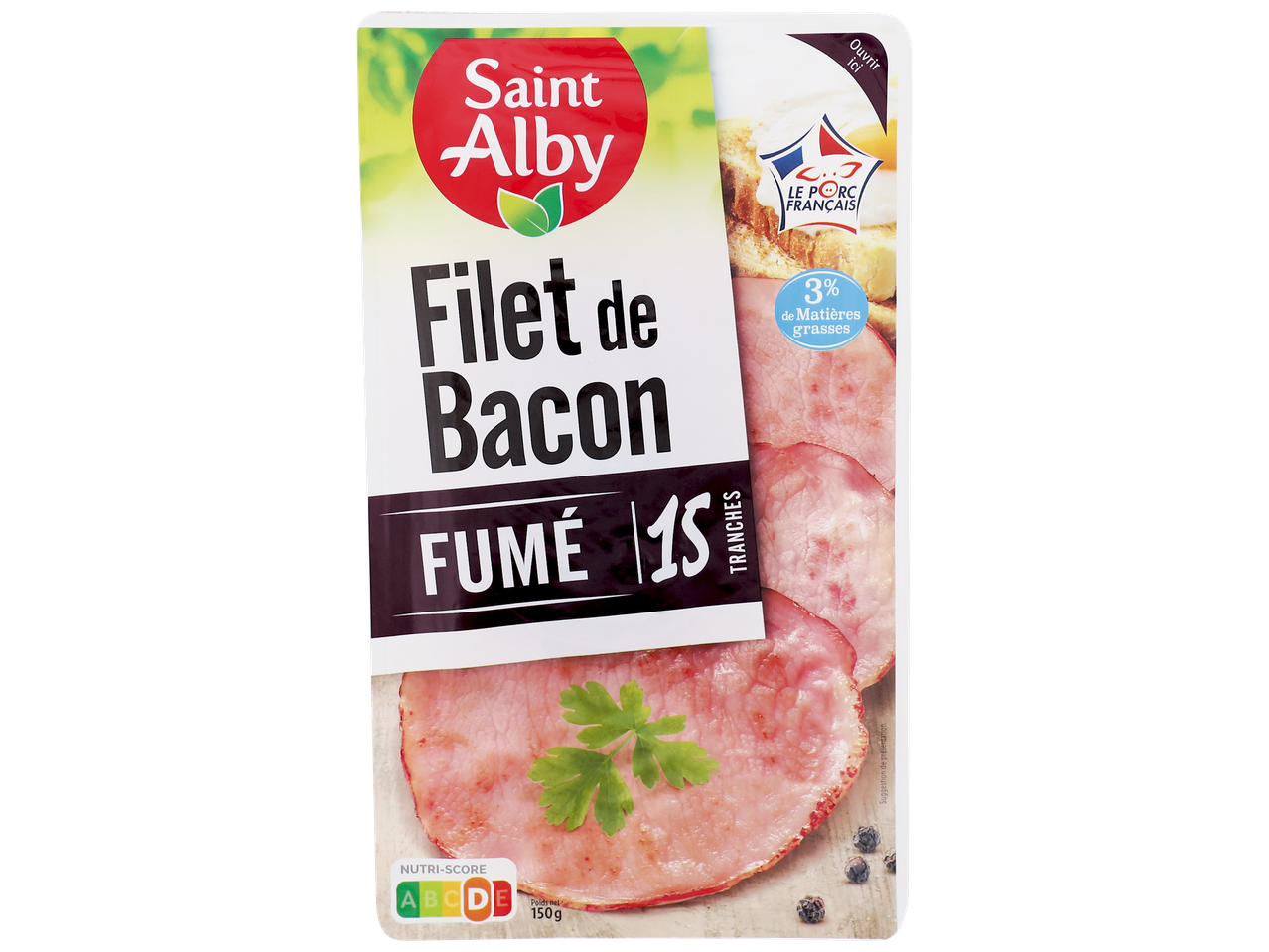 Paquet de filet de bacon fumé, 15 tranches, 3% de matières grasses, Nutri-Score D.