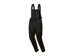 Black work dungarees with red stitching and accents, featuring multiple pockets.