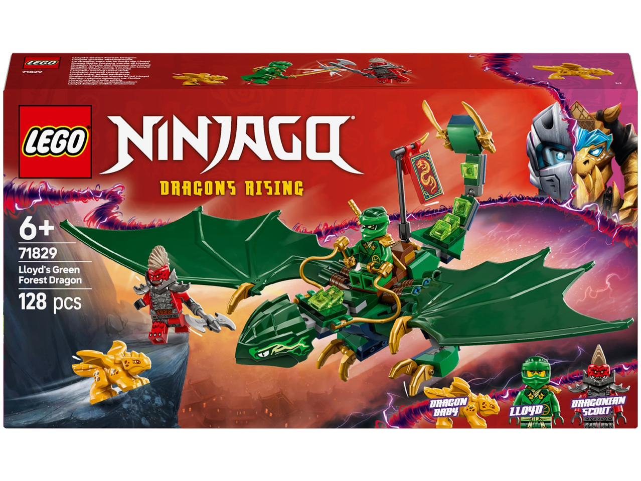 Building set with a green dragon, figures, and the text “Dragons Rising”.