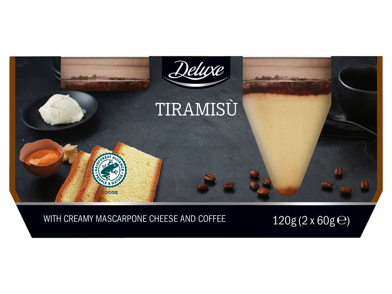 Deluxe Tiramisu su maskarponės sūriu, kava ir Rainforest Alliance kakava.
