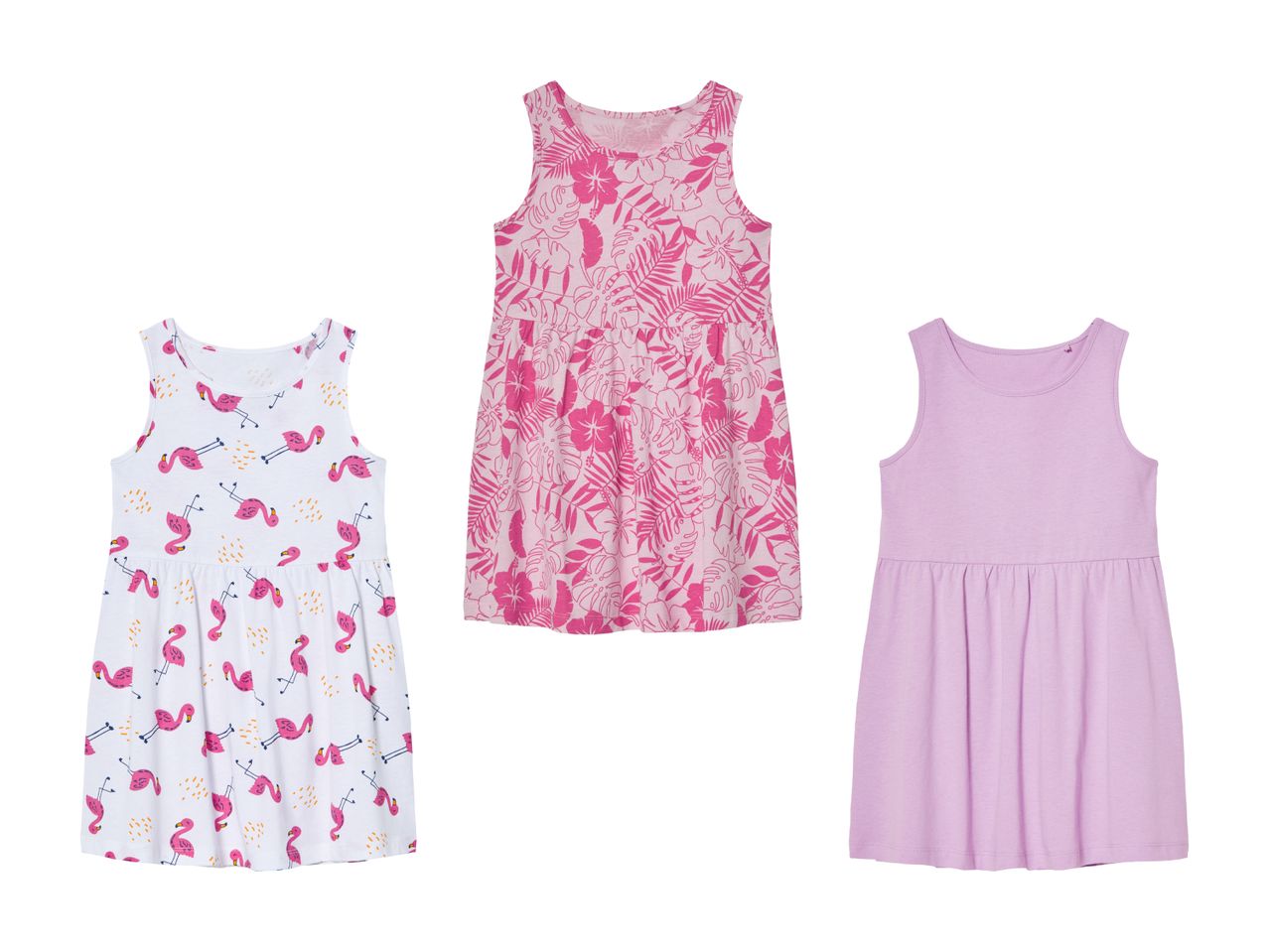 Drei Sommerkleider für Mädchen: Blumenmuster, Schmetterlinge und einfarbig.