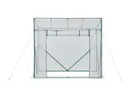 Walk-in greenhouse with a transparent cover and green frame, featuring a roll-up front panel.