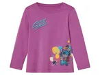 Lila hosszú ujjú póló Stitch mintával és „Stitch” felirattal.