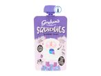 Blueberry yogurt pouch with a cartoon character, labeled as natural, high in protein, and a good source of calcium.