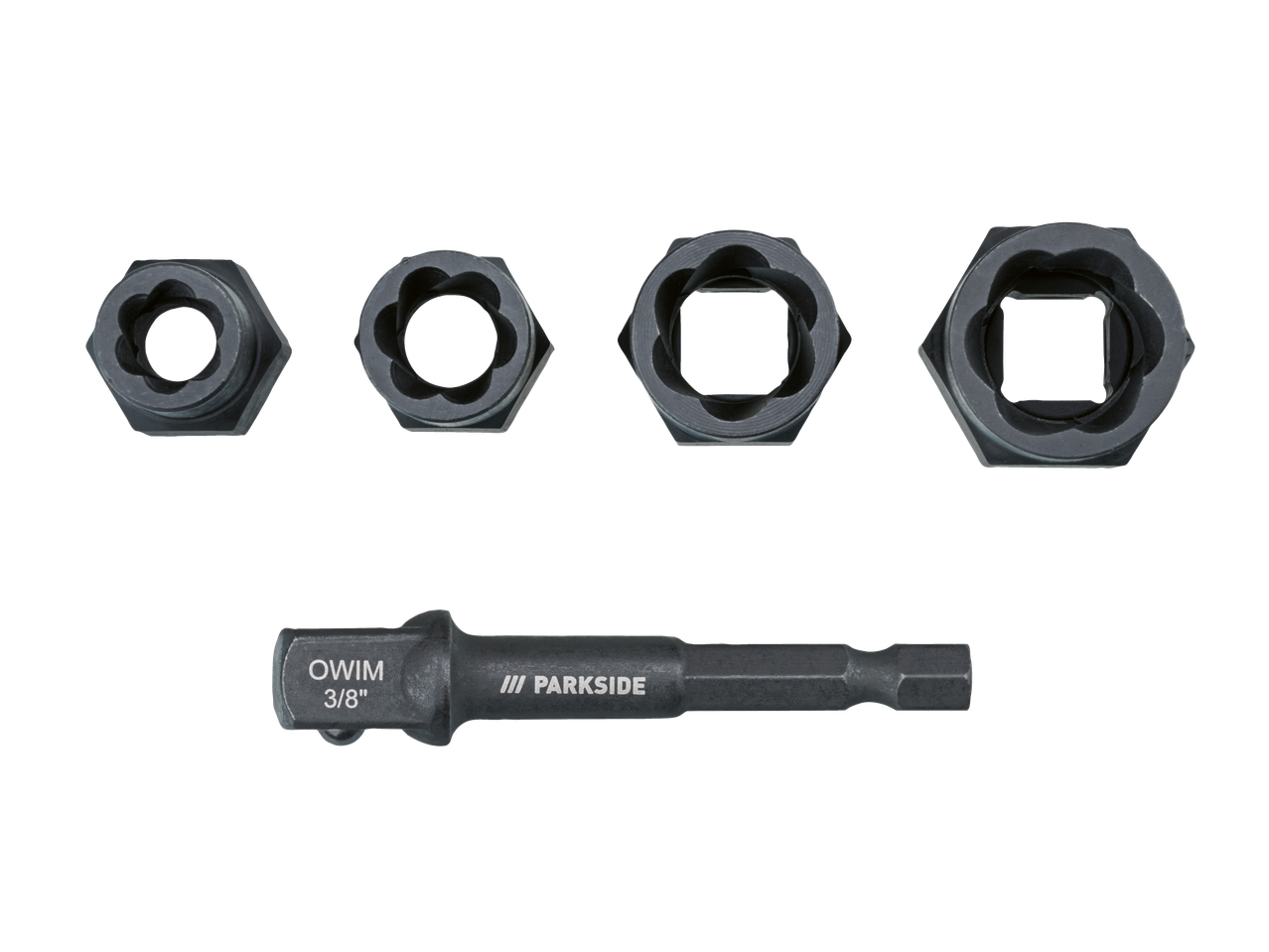 Conjunto de extratores de porcas Parkside OWIM 3/8' e broca adaptadora.