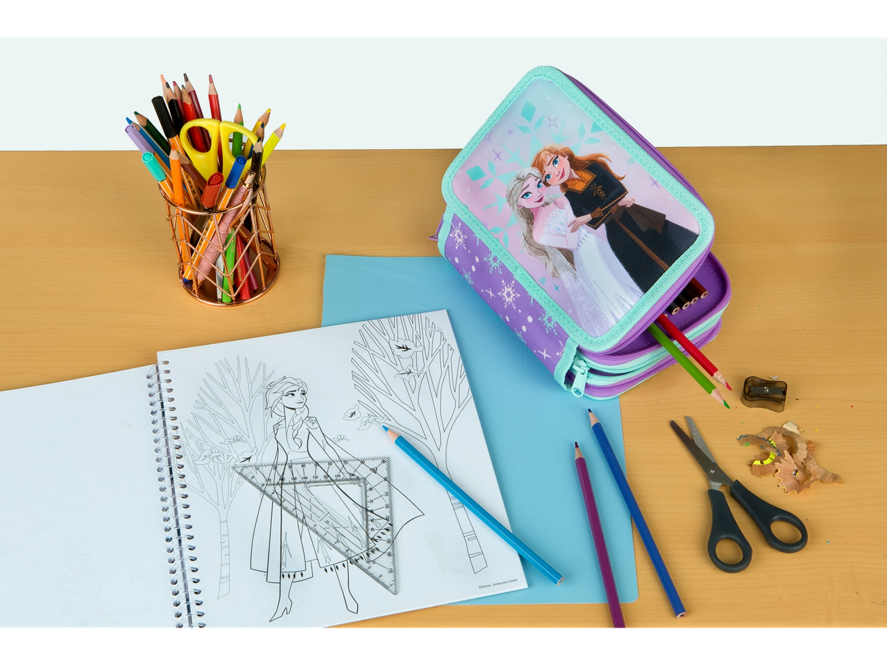Pencils, pens, Frozen pencil case, and drawing paper.