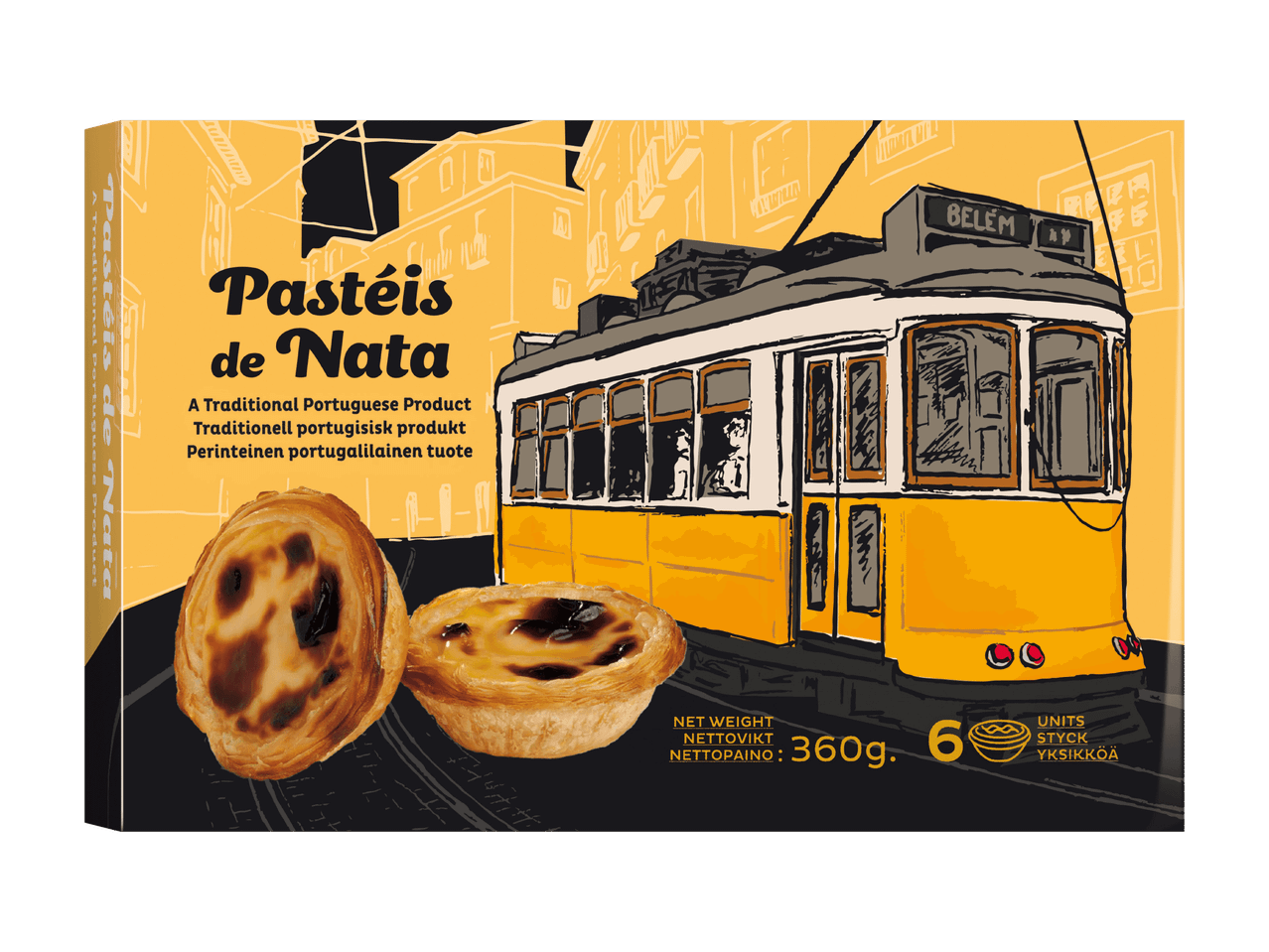 Pastéis de Nata -pakkaus, jossa on kaksi leivonnaista ja keltainen raitiovaunu Lissabonin kadulla.