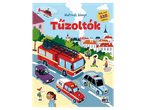 Tűzoltók témájú, matricás gyerekkönyv színes illusztrációkkal.