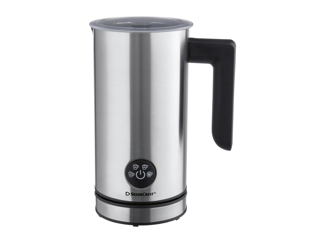 Stainless steel milk frother with a black handle and control buttons.