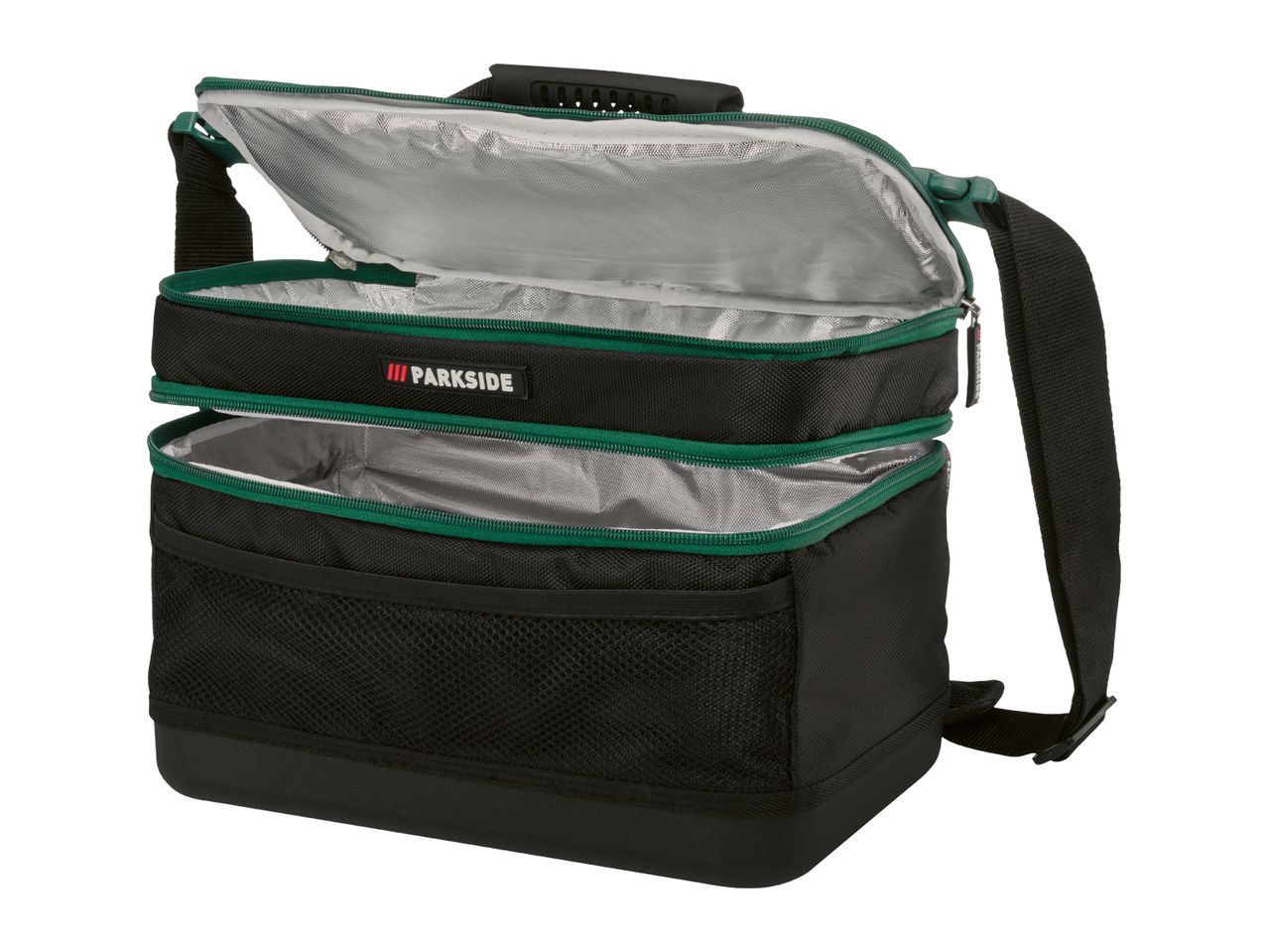 Open black and green Parkside cooler bag with two compartments and shoulder strap.