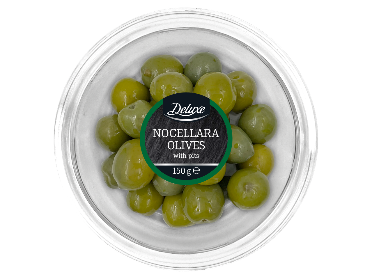 Deluxe Nocellara olīvas ar kauliņiem, 150g.