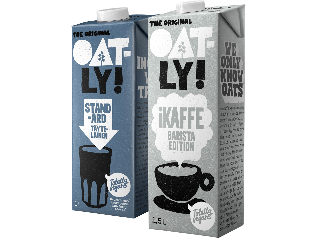 Två Oatly-kartonger, en original och en barista-edition, med fokus på havrebaserad mjölkdryck.