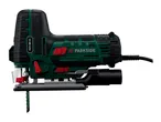 A green and black Parkside jigsaw with a wood-cutting blade.